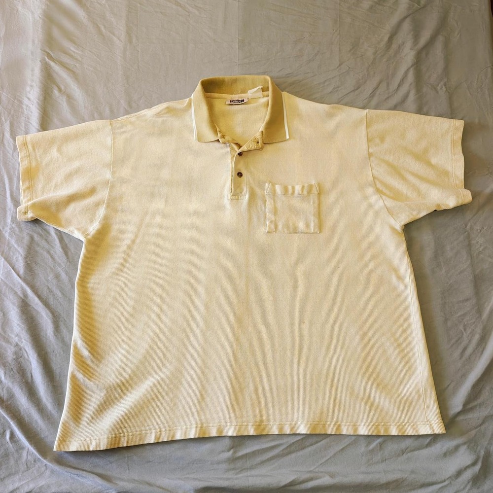 Vintage Faded Glory Mens Polo Shirt XL Yellow Cream Waffle Knit Ribbed Distress